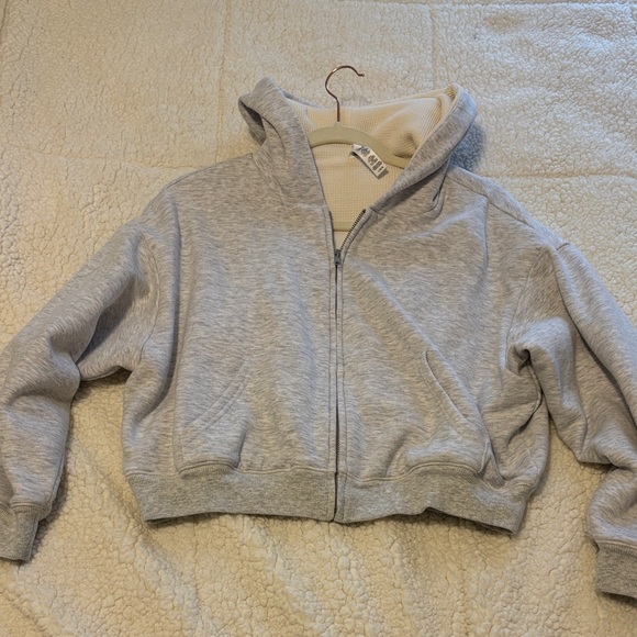 SKIMS Tops - Skims Cotton Fleece Waffle Lined Cropped Zip Up Hoodie Light Heather Grey size L